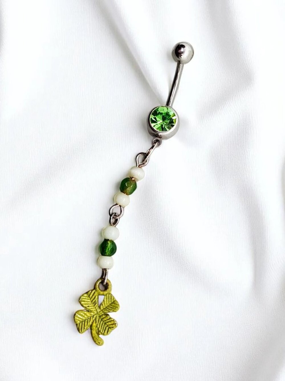 Four Leaf Clover with Green Gemstone Belly Button Ring Jewelry - 14 G